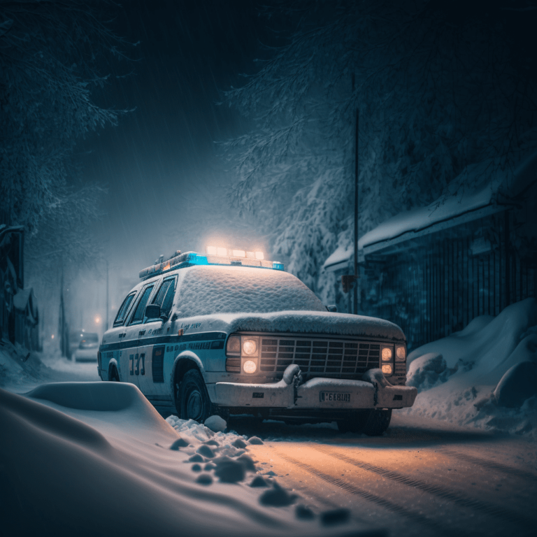 Фотография полицейской машины ночью в снежную погоду